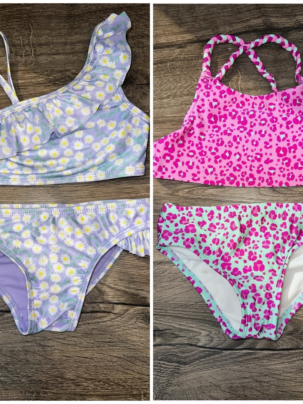 Girls Two-Piece Swimsuit Set - Purple Daisy & Pink Leopard Mix